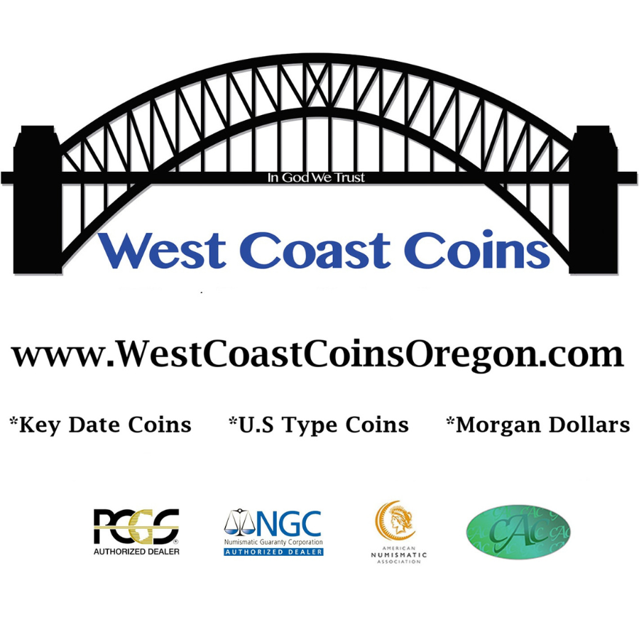 Logo for West Coast Coins featuring a bridge silhouette, website URL, and keywords like Key Date Coins, U.S Type Coins, and Morgan Dollars.